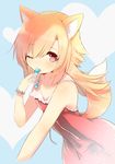  animal_ear_fluff animal_ears blonde_hair blue_background bracelet candy cropped dress food fox_ears fox_tail futaba_akane heart heart_background jewelry licking lollipop long_hair looking_at_viewer naomi_(sekai_no_hate_no_kissaten) one_eye_closed original pink_eyes solo tail tongue tongue_out 