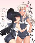  black_hair blush commentary_request cosplay crop_top female_admiral_(kantai_collection) kantai_collection licking long_hair minase_(takaoka_nanase) multiple_girls one-piece_swimsuit ro-500_(kantai_collection) ro-500_(kantai_collection)_(cosplay) saliva saliva_trail school_swimsuit school_uniform swimsuit swimsuit_under_clothes 