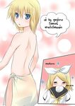  1girl =_= ascot blonde_hair blue_eyes blush brocon catstudioinc_(punepuni) clothes_sniffing comic female_pervert from_behind hair_ribbon highres kagamine_len kagamine_rin left-to-right_manga looking_back naked_towel pervert ribbon sailor_collar short_hair smelling thai towel translated vocaloid 