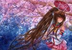  bad_id bad_pixiv_id breasts brown_eyes brown_hair cherry_blossoms detached_sleeves flower hair_flower hair_ornament headgear highres holding kantai_collection large_breasts long_hair looking_to_the_side miniskirt oriental_umbrella outdoors pleated_skirt ponytail red_umbrella skirt solo traditional_media tree umbrella upper_body very_long_hair watercolor_(medium) yamato_(kantai_collection) yellowpeace1q85 