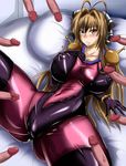  antenna_hair blush bodysuit breasts cameltoe choker cosplay erect_nipples g_gundam gundam hair_ribbon jet_(artist) jet_yowatari large_breasts latex long_hair mobile_trace_suit multiple_penises rain_mikamura rain_mikamura_(cosplay) ribbon sento_isuzu shiny_clothes sweat 