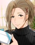  blush brown_eyes brown_hair earrings gift hair_ornament hairclip hoshimaru_daichi idolmaster idolmaster_side-m jewelry male_focus ponytail smile solo watanabe_minori 