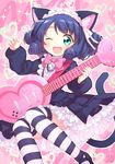  ;d animal_ears bell black_hair blush bow cat_ears cat_tail curly_hair cyan_(show_by_rock!!) dress fangs guitar hairband heart_guitar instrument jingle_bell kito_(sorahate) looking_at_viewer one_eye_closed open_mouth pink_bow show_by_rock!! smile solo strawberry_heart striped striped_legwear tail thighhighs 