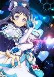  crossed_arms cure_white dress earrings futari_wa_precure gloves half_updo jewelry long_hair looking_at_viewer magical_girl outstretched_arm precure purple_eyes purple_hair smile solo yukishiro_honoka yuuzii 