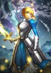  absurdres ahoge armor armored_dress artoria_pendragon_(all) blonde_hair dress excalibur fate/stay_night fate_(series) gauntlets glowing glowing_sword glowing_weapon green_eyes highres saber solo sword weapon zhang_ding 