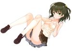  anza_tomo ass bad_id bad_pixiv_id blush breasts cleavage green_eyes green_hair hair_ornament heart heart_hands kneehighs leg_lift looking_at_viewer medium_breasts no_panties open_clothes open_shirt original pleated_skirt school_uniform shirt shoes short_hair short_sleeves skirt smile socks solo thighs unbuttoned white_background white_legwear 
