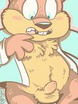  anthro balls blue_eyes blush bottomless clothed clothing conker conker&#039;s_bad_fur_day fur half-dressed kapiteinbangerik male mammal penis rodent solo squirrel video_games 