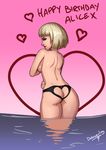  alice_x ass ass_cutout back bangs birthday black_panties blunt_bangs bow bow_panties breasts character_name convenient_arm cowboy_shot dimples_of_venus dr_graevling english eyeshadow from_behind gradient gradient_background hand_on_hip happy_birthday heart heart_cutout lace lace-trimmed_panties lingerie lipstick looking_at_viewer looking_back makeup medium_breasts mole mole_under_eye panties parted_lips pink_background profile real_life reflection shiny shiny_skin short_hair sideboob signature silver_hair solo thighs topless underwear underwear_only wading water yellow_eyes 