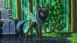  2015 being_watched changeling fangs female feral friendship_is_magic grass hair hi_res horn long_hair membranous_wings my_little_pony outside queen_chrysalis_(mlp) tree water waterfall wings zigword 