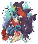  3_toes ambiguous_gender bite black_fur blue_fur cute cyber_zai dragon duo eyes_closed fish fishing fur happy lucario marine mega_evolution mega_lucario nervous nintendo pok&eacute;mon red_eyes red_fur scalie smile standing sweat tan_fur teeth toes tongue video_games 