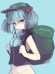  backpack bag blue_eyes blue_hair bottomless hair_bobbles hair_ornament hat kawashiro_nitori looking_at_viewer meiji_(charisma_serve) navel short_hair sleeveless solo touhou two_side_up 