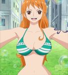  1girl breasts brown_eyes bubbles earrings jewelry large_breasts midriff nami nami_(one_piece) one_piece orange_hair screencap slender_waist stitched tattoo 