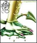  2004 ambiguous_gender anthro armor claws clothed clothing dragon english_text feet female foot_focus gem green_scales human jewelry male mammal markie nina nude plain_background scalie size_difference spikes squish teeth text toe_claws tongue tongue_out white_background 