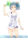  alternate_costume alternate_hairstyle blue_eyes blue_hair bracelet grin hair_bobbles hair_ornament jewelry kawashiro_nitori key looking_at_viewer meiji_(charisma_serve) one-piece_swimsuit school_swimsuit shirt short_hair side_ponytail smile solo swimsuit swimsuit_under_clothes t-shirt touhou wading water_gun wet wet_clothes wet_shirt 