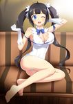  ;d absurdres ass barefoot biodragon black_hair blue_eyes blue_ribbon bow breasts cleavage cleavage_cutout couch deep_skin dress dungeon_ni_deai_wo_motomeru_no_wa_machigatteiru_darou_ka gloves hair_ribbon hand_behind_head hestia_(danmachi) highres large_breasts legs long_hair looking_at_viewer one_eye_closed open_mouth rei_no_himo ribbon sitting smile solo twintails very_long_hair white_dress white_gloves 