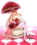 absurdres adjusting_hair breasts checkered checkered_floor cross dress dungeon_and_fighter flower frilled_dress frills hat high_heels highres large_breasts lolita_fashion long_hair looking_at_viewer orange_hair panties pink_flower pink_legwear pink_panties pink_rose purple_eyes red_dress red_footwear red_umbrella rose shoes short_dress sitting solo strapless strapless_dress tandohark thighhighs umbrella underwear 