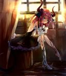  blood blue_eyes detached_sleeves dress elizabeth_bathory_(fate) elizabeth_bathory_(fate)_(all) fate/extra fate/extra_ccc fate_(series) highres horns long_hair pink_hair pointy_ears shoes single_shoe sitting solo tail two_side_up zhu_xiang 