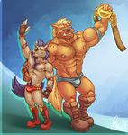  abs anthro areola beard belt biceps boots canine clothed clothing dingo eyewear facial_hair fangs footwear glasses gloves hair half-dressed looking_at_viewer looking_up mammal manly muscles navel nipples omegaro pecs sharp_teeth size_difference sleet smile sonic_(series) sonic_underground speedo swimsuit teeth wolf wrestler 