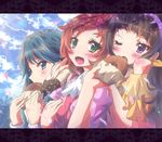  amanogawa_kirara bag blue_eyes blue_hair brown_hair doughnut earrings eating food go!_princess_precure green_eyes haruno_haruka highres inoshishi_(ikatomo) jewelry kaidou_minami long_hair multiple_girls one_eye_closed open_mouth pastry precure purple_eyes red_hair smile star star_earrings 