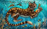  2019 ambiguous_gender claws feline feral fish flashw fur group mammal marine orange_eyes orange_fur pantherine paws striped_fur stripes tiger underwater water 