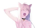  ahoge animal_ears arm_behind_head arm_up bare_shoulders bell bell_choker cat_ears choker closed_eyes facing_viewer highres jingle_bell kushibi long_hair no_bra open_mouth original simple_background solo tears teeth white_background white_hair yawning 
