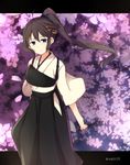  ahoge alternate_costume alternate_hairstyle blue_eyes brown_hair commentary hair_flaps hair_ornament hakama hip_vent japanese_clothes kantai_collection long_ponytail muneate petals shigure_(kantai_collection) solo twitter_username yukichi_(eikichi) 