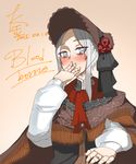  alternate_eye_color bangs bloodborne blue_eyes blush bonnet cloak copyright_name dated doll_joints flower hand_on_own_face highres jewelry k_jin long_hair looking_at_viewer plain_doll red_flower red_rose ring rose signature silver_hair solo sparkle swept_bangs wedding_ring 