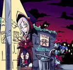  animal basket black_cat bloodborne bonnet cat cerberus cloak cloud crossover devil_may_cry devil_may_cry_3 dusk english flower food frown graffiti holding light long_hair pizza plain_doll poster_(object) rose setz silver_hair trash_can yellow_eyes 