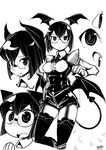  bat_wings bespectacled breasts demon_tail framed_breasts garter_straps glasses greyscale head_wings koakuma maru-sun medium_breasts miniskirt monochrome necktie short_hair skirt solo tail thighhighs touhou wings 