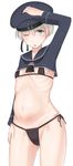  bikini blue_eyes clothes_writing hand_on_headwear hat kantai_collection navel one_eye_closed parted_lips pregnant ribs sailor_collar short_hair side-tie_bikini silver_hair solo swimsuit taji_(crowview) white_background z1_leberecht_maass_(kantai_collection) 