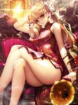 blonde_hair blush breasts chair china_dress chinese_clothes crossed_legs dragon_print dress earrings flower furyou_michi_~gang_road~ green_eyes hair_flower hair_ornament highres jewelry large_breasts long_hair looking_at_viewer ponytail sitting solo xaxak 
