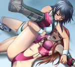  2girls black_hair blue_eyes boots brown_hair corey_sniper corset diana_rial digdug006 elbow_pads green_eyes knee_pads leg_lift long_hair multiple_girls one_eye_closed short_hair sweat tears wrestle_angels wrestle_angels_survivor wrestle_angels_survivor_2 wrestling wrestling_outfit wristband 