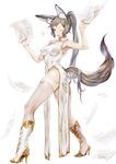 animal_ears black_hair boots breasts brown_eyes china_dress chinese_clothes dress fox_ears fox_tail from_behind full_body highres holding large_breasts long_hair nanase_miri one_eye_closed open_mouth original paper ponytail sleeveless smile solo tail thighhighs thighs very_long_hair white white_background 