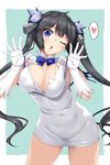  arm_ribbon black_hair blue_eyes blue_ribbon breasts cleavage dress dungeon_ni_deai_wo_motomeru_no_wa_machigatteiru_darou_ka gloves hair_ornament hair_ribbon hestia_(danmachi) large_breasts lifted_by_self long_hair nakano_sora one_eye_closed rei_no_himo ribbon solo strap_lift twintails 