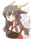  akagi_(kantai_collection) animal_ears brown_hair dragon_ears dragon_girl dragon_horns facial_tattoo fang horns kantai_collection kemonomimi_mode long_hair lowres md5_mismatch rebecca_(keinelove) solo tattoo white_wings wings yellow_eyes 