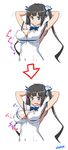  afterimage arms_up black_hair blue_eyes blue_ribbon blush breasts cleavage cleavage_cutout commentary_request covered_nipples directional_arrow dress dungeon_ni_deai_wo_motomeru_no_wa_machigatteiru_darou_ka gloves hestia_(danmachi) highres joy_ride large_breasts long_hair multiple_views open_mouth rei_no_himo ribbon twintails wardrobe_malfunction white_dress white_gloves 