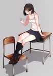  arm_at_side arm_up bangs black_footwear black_hair black_legwear black_skirt blunt_bangs breasts chair cleavage crossed_legs desk feet_on_chair grey_background highres jpeg_artifacts kneehighs kotomine_hazuki loafers miniskirt on_desk original pleated_skirt pulled_by_self school_chair school_desk shoes short_hair simple_background sitting sitting_on_desk skirt small_breasts solo strap_pull tank_top tsukino_wagamo 