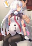  1boy 1girl :&lt; admiral_(kantai_collection) blush covered_navel gloves kantai_collection long_hair murakumo_(kantai_collection) orange_eyes outie_navel pantyhose pregnant remodel_(kantai_collection) sidelocks sitting sitting_on_lap sitting_on_person surprised taji_(crowview) white_hair 