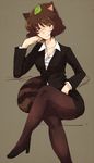  :q alternate_costume animal_ears bad_id bad_twitter_id brown_eyes brown_hair crossed_legs formal futatsuiwa_mamizou jacket leaf leaf_on_head pantyhose pencil_skirt raccoon_ears raccoon_tail shirt short_hair sitting skirt skirt_suit suit suit_jacket tail tongue tongue_out touhou urin 