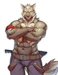  abs biceps canine jacketbear male mammal muscles pecs red_eyes sword weapon wolf 