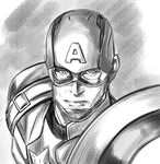  captain_america greyscale helmet male_focus marvel monochrome ohara_hiroki shield solo steve_rogers superhero 