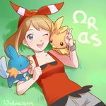  artist_name blue_eyes bracelet collarbone commentary dated gen_3_pokemon grass hair_ribbon haruka_(pokemon) highres jewelry light_brown_hair looking_at_viewer lying magical_ondine mega_ring mudkip omega_symbol one_eye_closed pokemon pokemon_(creature) pokemon_(game) pokemon_oras ribbon torchic v 