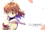  4b-enpitsu antenna_hair blush brown_eyes brown_hair clannad copyright_name furukawa_nagisa hair_ornament hand_on_own_chest hikarizaka_private_high_school_uniform school_uniform short_hair smile solo white_background 