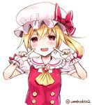  blonde_hair blush bow brooch fang fingers_to_cheeks flandre_scarlet hat hat_bow jewelry red_eyes side_ponytail smile solo touhou umeko_(koori_ume) wrist_cuffs 