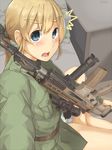  1girl assault_rifle blonde_hair blue_eyes blush eiri_(eirri) flash_suppressor fn_scar fn_scar_16 gun hair_ribbon long_hair looking_at_viewer military military_uniform no_pants open_mouth original panties ponytail ribbon rifle scope sitting solo stanag_magazine striped striped_panties underwear uniform weapon 