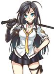  black_hair blue_eyes choker closers contrapposto cowboy_shot hair_ornament hairclip hand_on_hip holster long_hair looking_at_viewer lubelric necktie pleated_skirt skirt smile solo standing sword thigh_holster weapon white_background yuri_seo 