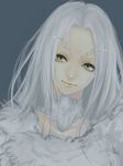  blue_background dark_souls dragon_girl dragon_horns dress green_eyes horns lips long_hair looking_at_viewer nirco priscilla_the_crossbreed solo souls_(from_software) upper_body white_dress white_hair 
