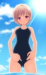  brown_hair competition_school_swimsuit eyebrows_visible_through_hair from_below ki_(kk-sk-ray) one-piece_swimsuit original purple_eyes school_swimsuit short_hair solo swimsuit 