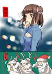  absurdres antlers bell brown_hair double_bun highres jintsuu_(kantai_collection) kantai_collection katase_minami meme_attire multiple_girls naka_(kantai_collection) open-chest_sweater partially_translated reindeer_antlers sendai_(kantai_collection) short_hair sweater translation_request 