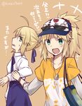  artoria_pendragon_(all) bag blonde_hair check_translation dog_tags eyewear_on_head fate/apocrypha fate/stay_night fate_(series) green_eyes hat mordred_(fate) mordred_(fate)_(all) mother_and_daughter multiple_girls ouhina partially_translated saber sunglasses translated translation_request wristband 